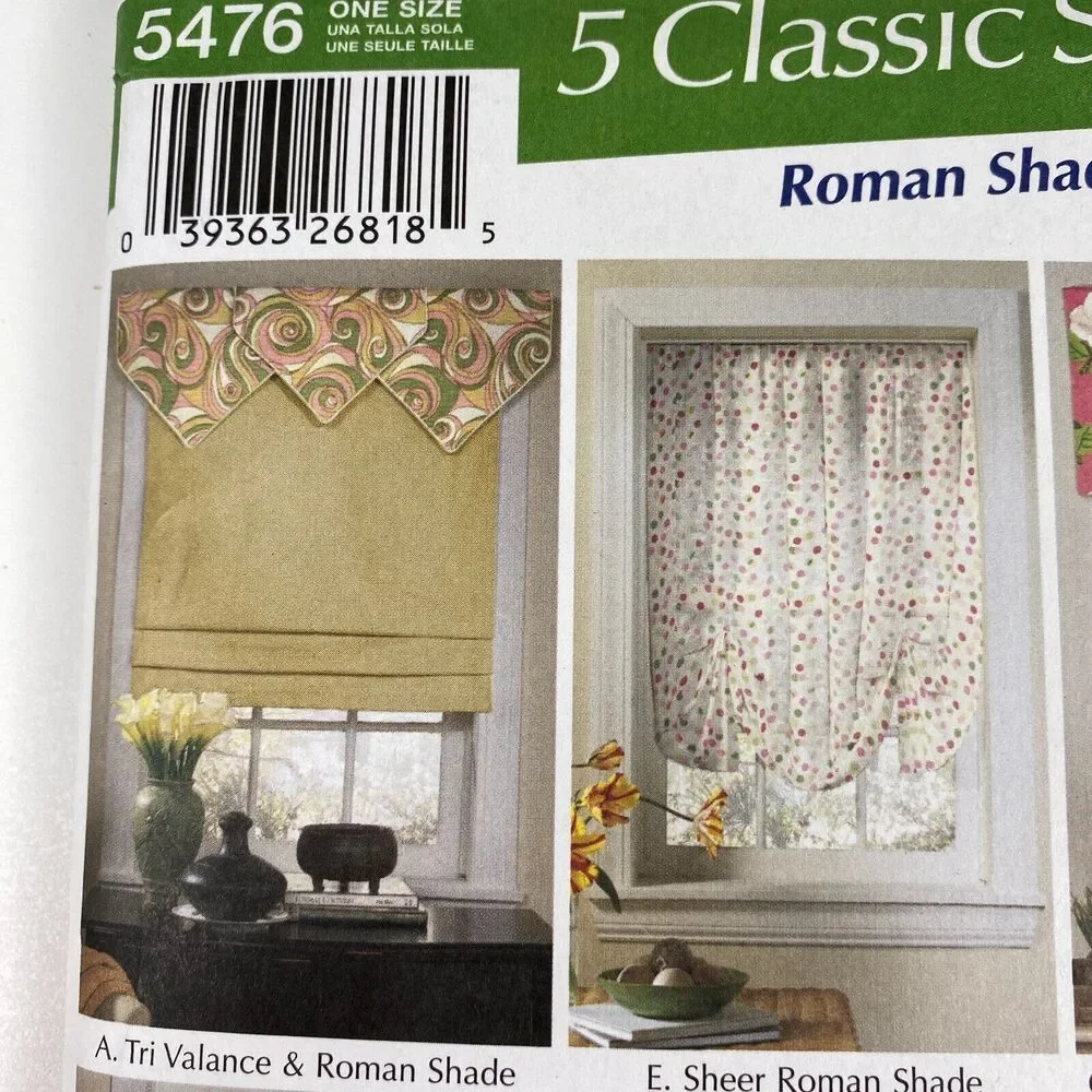 Simplicity 5476 Sewing Pattern Roman Window Shades Valances 5 Classic Styles UC